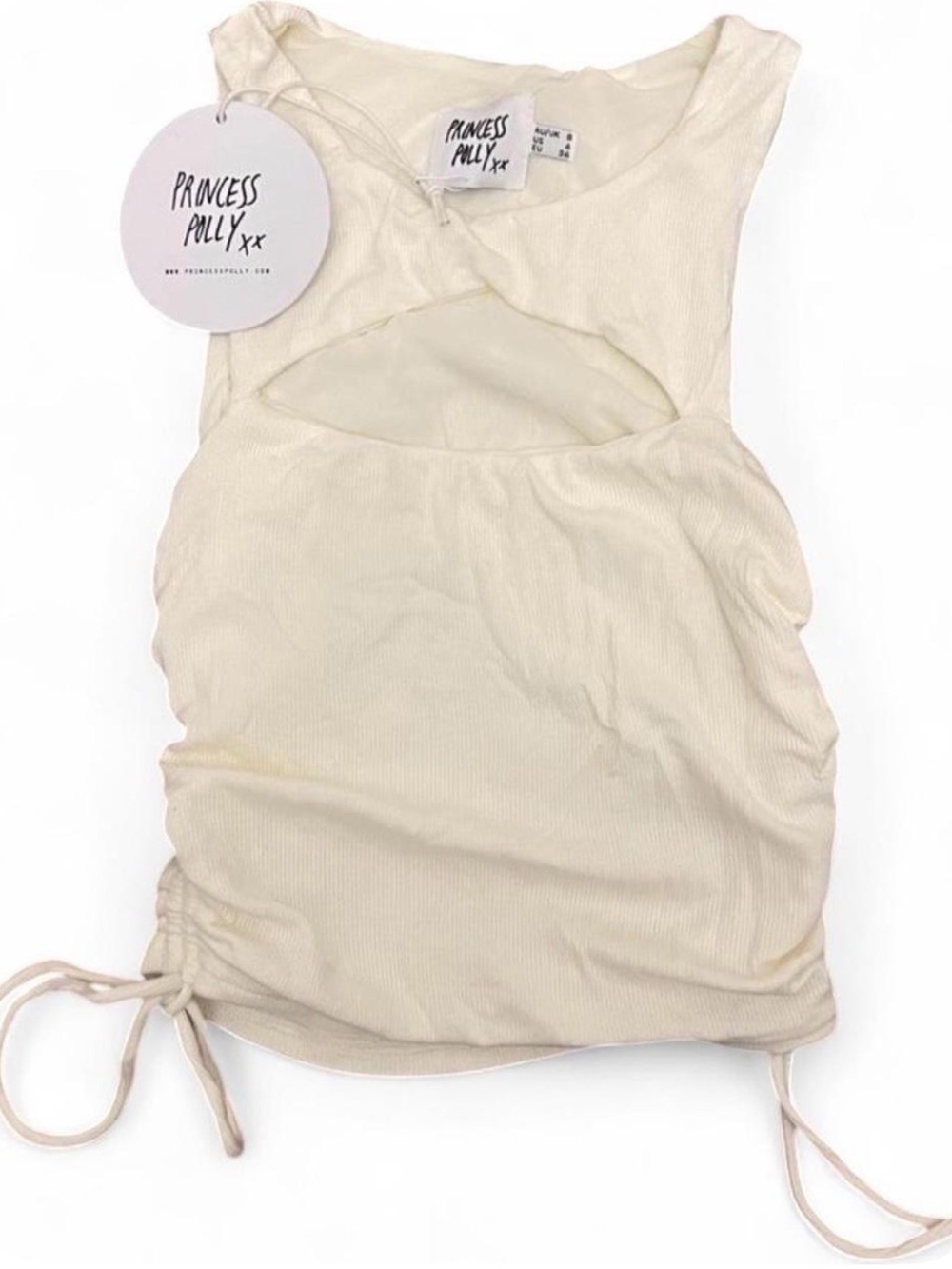 Princess Polly Cream Ribbed Cutout Tank with Side Drawstrings
